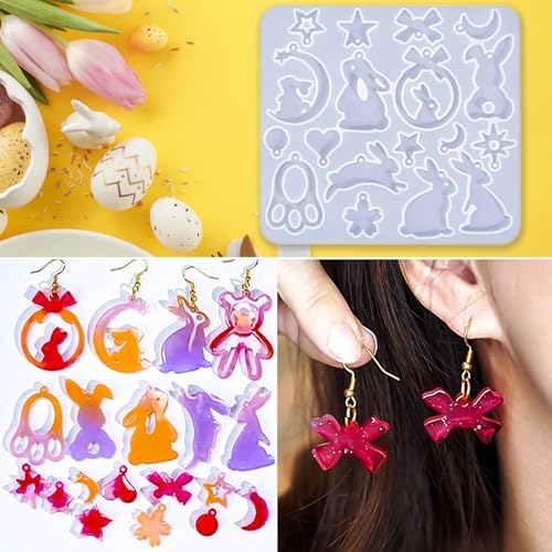 15 Pairs Easter Resin Molds for Earrings, Easter Bunny Earring Molds Silicone Egg Resin Epoxy Casting Ornament Silicone Molds with 200pcs Earring Hook for Keychain Jewelry Pendant DIY Craft Supplies - Image 4