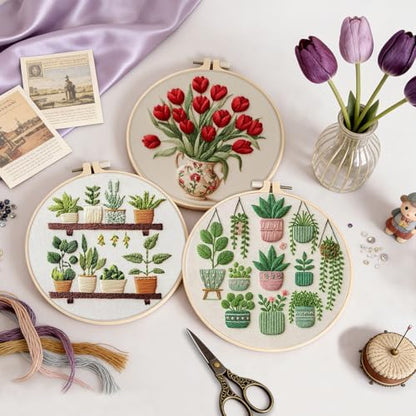 3 Pack Embroidery Kit for Adult Beginners, Needlepoint Cross Stitch Kits with Flower and Green Plant Stamped Patterns, Embroidery Hoop, Tools,Colorful Threads,Step by Step Instructions,DIY Starter Kit - Image 5