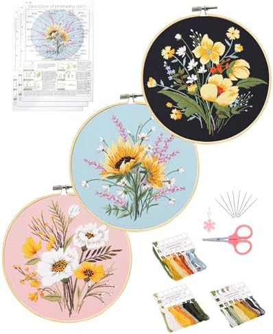 Santune 3 Pack Flower Embroidery Kit for Beginners Adults Cross Stitch Needlepoint Kits Hand Craft with Plant Patterns,3 Instructions,1 Hoop,Threads and 6 Needles by Santune