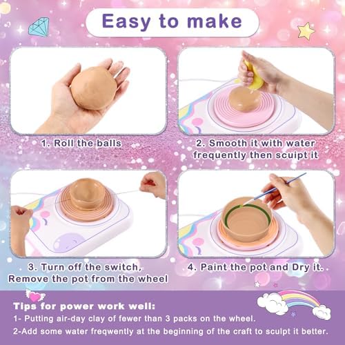 weirtoya Pottery Wheel for Kids, Girls Arts and Crafts Toys for Kids Ages 8-12,Pottery Craft Kit with 3 Pack Air-Dry Clay, Art Supplies for Kids Toys Girls Birthday Gift for 6 7 8 9 10 11 12+ - Image 3