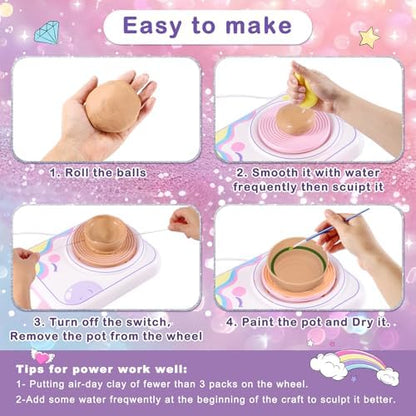 weirtoya Pottery Wheel for Kids, Girls Arts and Crafts Toys for Kids Ages 8-12,Pottery Craft Kit with 3 Pack Air-Dry Clay, Art Supplies for Kids Toys Girls Birthday Gift for 6 7 8 9 10 11 12+ - Image 3