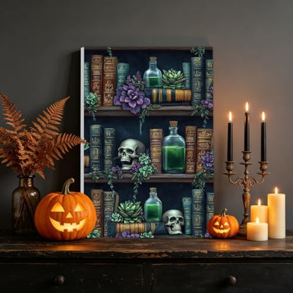 NAIMOER Halloween Paint by Numbers Kits for Adults Beginner with Wooden Framed, Skull Bookshelf Color by Numbers on Canvas Painting Kits for Adults, Easy Paint DIY Acrylic for Home Decor 8X12 Inch - Image 2