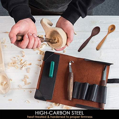 BeaverCraft Wood Spoon Carving Tools Kit S14x Deluxe - Whittling Tools Set Includes Sloyd Wood Carving Knife, Hook Knife, Gouge, Leather Roll-Up Case & Leather strop with Polishing Compound - Image 4