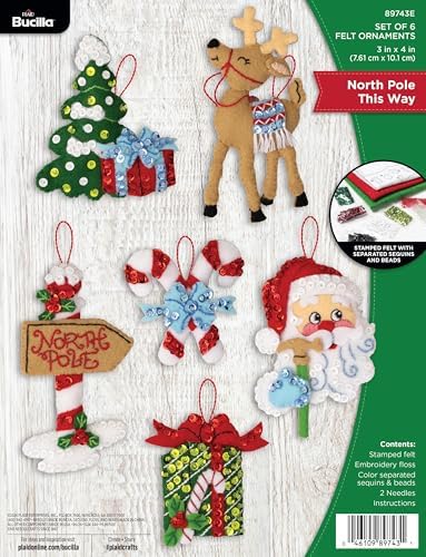 Bucilla, Felt Applique 6 Piece Ornament Making Kit, North Pole This Way, Perfect for DIY Arts and Crafts by Bucilla