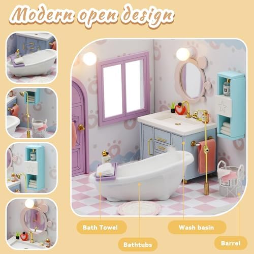 Kisoy Dollhouse Miniature with Furniture Kit, DIY 3D Wooden DIY House Kit A Corner of a Small Apartment Style with Dust Cover & LED,Handmade Tiny House Toys for Kids Adults Gift (Bathroom) - Image 3