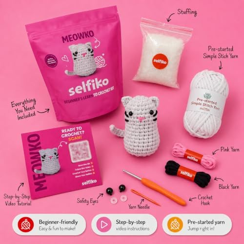 Selfiko Crochet Kit for Beginners – Complete Amigurumi Starter Pack with Pre-Started Magic Ring, Step-by-Step Video Tutorials & Simple Yarn – Learn to Crochet Easily (Meowko The Cat) - Image 4