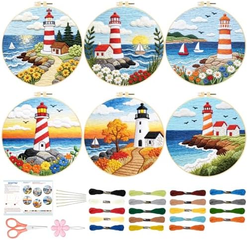 BEUNITONE 6 Set Beginner Embroidery Kit for Adults with Pre-Printed Washable Lighthouse Pattern, DIY Needlepoint Craft Kits for Cloth with Embroidery Hoop and Instruction, Funny Gifts for Home Decor by BEUNITONE