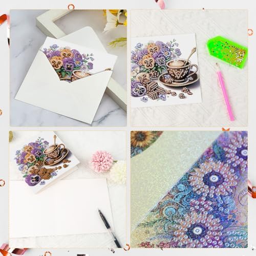Diamond Art Cards with Envelopes–6PCS DIY Diamond Painting Greeting Cards Kit | Card Making Kit with Bling for Adults & Beginners | Birthday,Holiday & Thank You Cards (Afternoon Tea) - Image 7