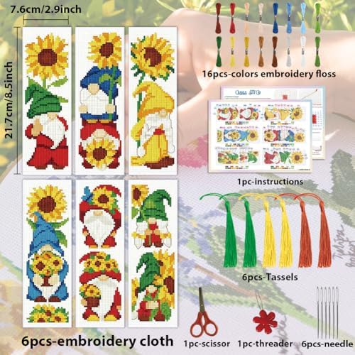ACRNIGHEET 6PCS Cross Stitch Bookmark Kit for Beginner Gnome Stamped Cross Stitch Kits Needlepoint Kit for Adults DIY Tassel Embroidery Bookmark Kits with Instructions Craft Gift 8.5"x3" 11CT - Image 2