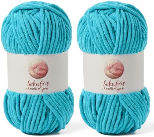 Chenille Yarn for Crocheting Size 5 Bulky Yarn 2 Pack Lake Blue by Sekafris