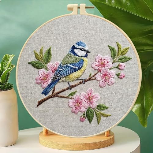 FRANDEK DIY Peach Blossom Bird Stamped Embroidery Kit with Hoop for Adults - Image 7