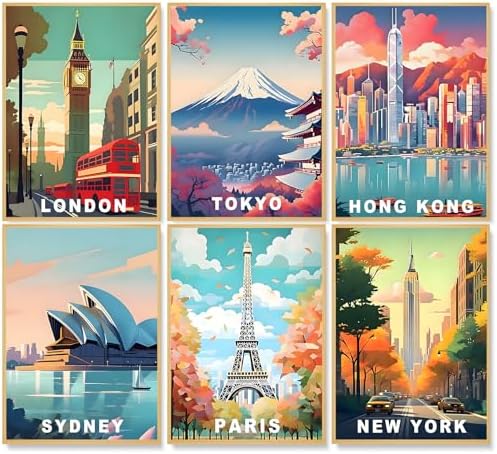 6 Pack Paint by Numbers Kit for Adults, Cityscape Canvas Painting Set by CamocinDIYKit