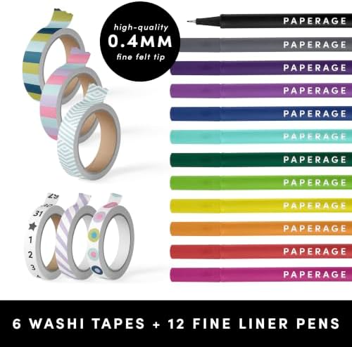 PAPERAGE Bullet Journal Kit, Dotted Journaling Set & Stationary Kit, Hardcover Dotted Journal Notebook (Raspberry), 12 fineliner Pens, 8 Sticker & 3 Stencil Sheets, 6 Washi Tapes - Image 3