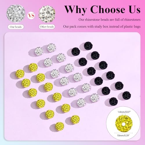 Dowarm 255PCS 10mm Rhinestone Beads for Baseball Rhinestone Necklace Bracelet Jewelry Making, Round Polymer Clay Beads for Crafts Beaded Pen, Shamballa Pave Disco Diamond Bead, Yellow|Black|White - Image 3