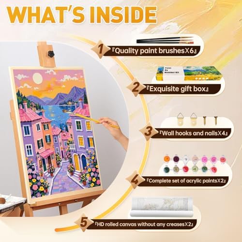 Qaisxoty Paint by Numbers Kit for Adults Beginners, 2 Pack Town Landscape Paint by Number with Rolled Canvas, Acrylic Paint, Box, DIY Painting by Number Kit for Great Gift & Home Decor - 12” x 16” - Image 7