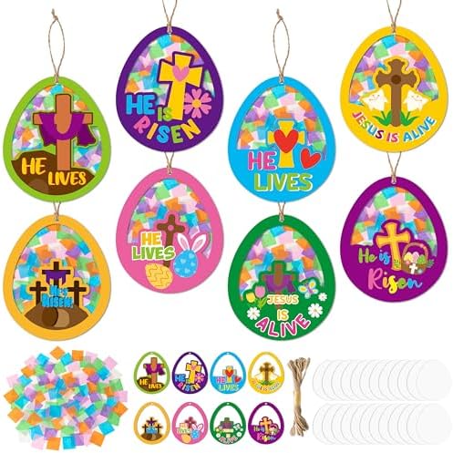 CJiangpo 24 Sets Religious Easter Egg Suncatcher Craft Kits, He is Risen DIY Stained Glass Window Ornament Rainbow Tissue Paper Art Craft for Classroom Sunday School Activities Christian Party Decor by CJiangpo