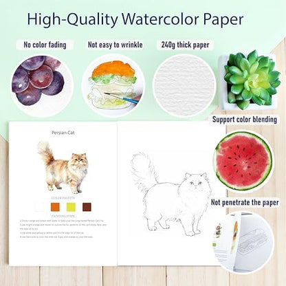 CraftyManor 2Pcs Watercolor Workbook Creative Water Color Paint Book Set with Paints & Brush, 12 Patterns of Original DIY Designs, Beginner-Friendly Adult Coloring Books(Cat & Tree) - Image 4