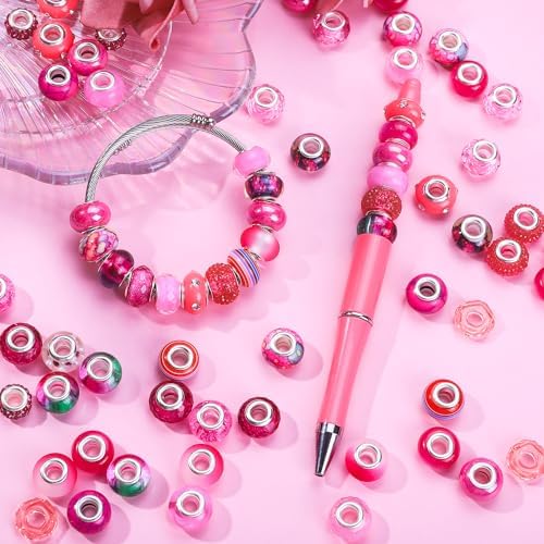 Aipridy Large Hole European Beads, Craft Supplies Kit，Assorted Mixed Color Lampwork Spacer Beads for DIY Bracelet Jewelry Making (100, Rose red) - Image 3