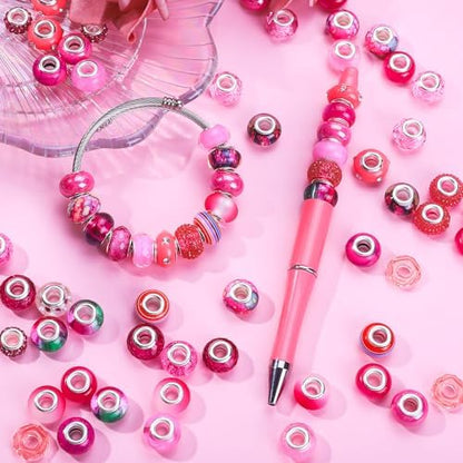 Aipridy Large Hole European Beads, Craft Supplies Kit，Assorted Mixed Color Lampwork Spacer Beads for DIY Bracelet Jewelry Making (100, Rose red) - Image 3