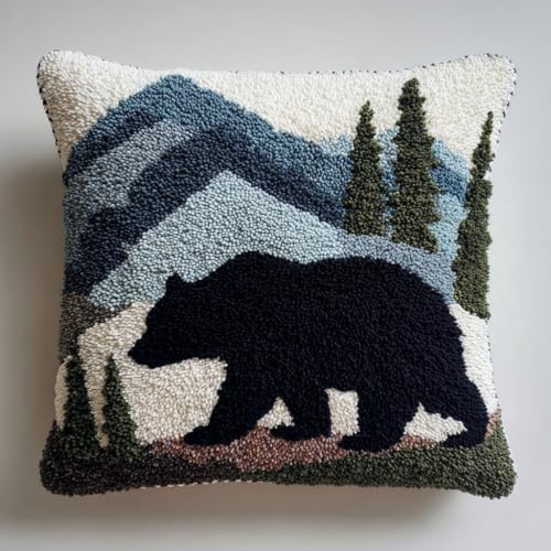 DIY Latch Hook Pillow Kit Black Bear with Grey Mountains 43x43cm-1 by Unknown