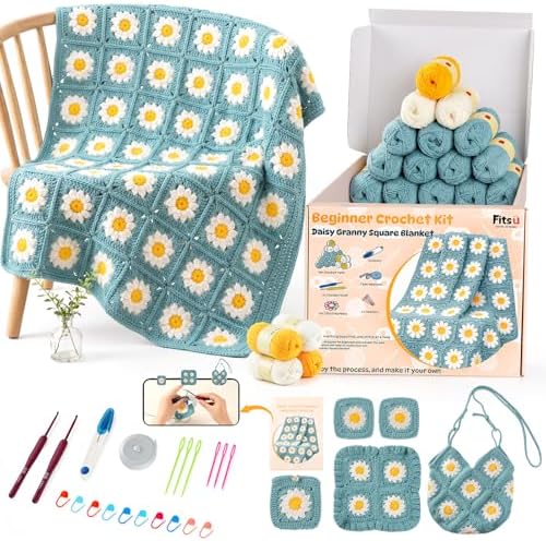 Fitsu Crochet Kit for Beginners, Daisy Granny Square Blanket Crochet Starter Kit with Yarn, Hooks, Step-by-Step Book & Video Tutorials, Easy Learn-to-Crochet Gift Set for Adults and Beginners by Unknown