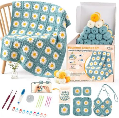 Fitsu Crochet Kit for Beginners, Daisy Granny Square Blanket Crochet Starter Kit with Yarn, Hooks, Step-by-Step Book & Video Tutorials, Easy Learn-to-Crochet Gift Set for Adults and Beginners by Unknown