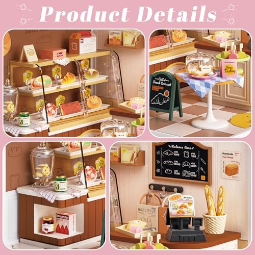 Bread Shop Miniature House Kit with LED Light, 87 Pcs DIY Mini Dollhouse with Roof & Dust Covers for Mini Figures Tiny House Toy for Adults - Image 4