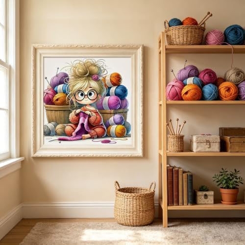 Knitting Woman Stamped Cross Stitch Kits for Beginner 13.7x13.7 Inch - Image 2