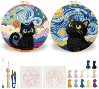 BEUNITONE 2 Pcs Cat & Starry Sky Punch Needle Kits for Adults Beginner by BEUNITONE