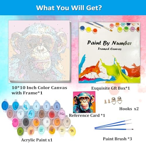 Artunion Framed Paint by Numbers Kit for Adults Beginners & Kids Ages 8-12,Colorful Monkey Paint by Number with Frame,Animals Paint by Numbers Kit on Canvas 10 * 10 Inch Without Easel - Image 3
