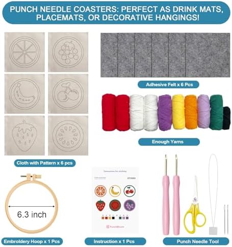 Punch Needle Coaster Kit for Adults Beginners, Easy Punch Embroidery Starter Set with Instructions – Fun Mug Rug Making Kit for Table Decor & Festival DIY Gifts (6pcs Cute Fruits) - Image 3
