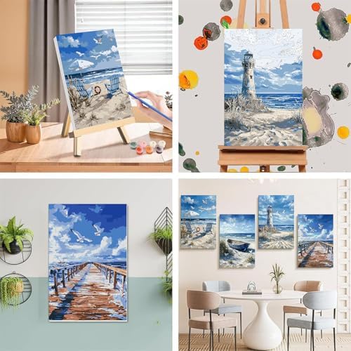 4 Pack Beach Paint by Numbers for Adults with Framed Canvas - Wooden Easel - Image 5