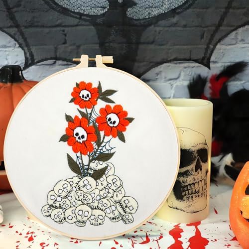 Crafmanoe Halloween Embroidery Starter Kit for Beginners Adults, Skull Flowers Stamped Cross Stitch Kits for Beginners Adults, Gothic Hand Embroidery Needlepoint Kits, Hoops, Fabric and Video Tutorial - Image 5
