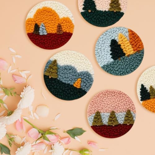 Starter Needle Coasters Kit, Punch Needle Embroidery DIY Set for Beginners Adults, Easy Coasters Kit with Adhesive Felt, Yarns, Embroidery Hoop (Multi landscape2) - Image 5