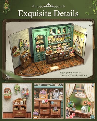 Cutefun Book Nook Kit - DIY Miniature Flower Shop Booknook Kits for Adults and Teens, 3D Wooden Puzzle Bookend Bookshelf with LED Light, Creative Crafts Gifts for Book Lovers (Blossom Florists) - Image 5