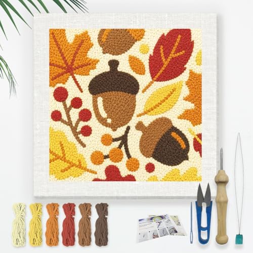 DOODLREAM Fall Acorn Leaves Needle Kit for Beginner, 9.4"x 9.4" Autumn Harvest Punch Stitching Craft Set, DIY Embroidery Starter with Printed Frame, Instruction, Threader, Yarn, Pinch Needle by Doodlream
