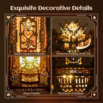 FUNPOLA LED 3D Wood Puzzle Poker World Projector Lamp – DIY Craft Kit with LED Lights and Music Box – Creative Poker-Themed Lamp, Nightlight Gift for Home Décor (Black Walnut) - Image 3