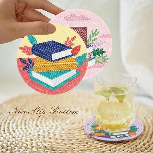 8 Pcs Book Diamond Art Coasters Kit - DIY 5D Diamond Painting Coasters with Holder, Mini Diamonds Arts Kits for Adults Coaster with Cork Pads, Gem Arts Dots Painting Crafts Supplies for Home Decor - Image 2