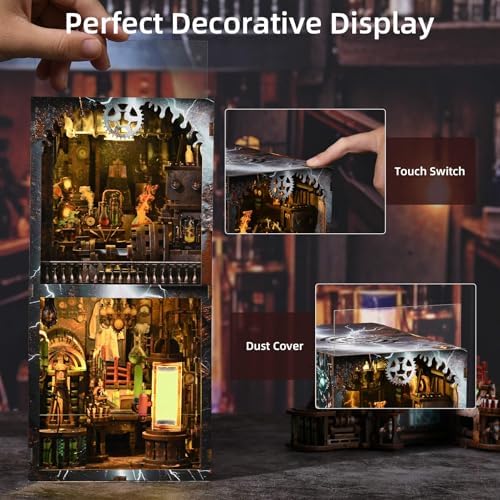 fifijoy Book Nook Kit - DIY Miniature Dollhouse Booknook for Adults, Steampunk 3D Wooden Puzzle Bookshelf Insert Decor with LED Light, Gifts for Family, Friends (Mad Scientist Laboratory) - Image 5