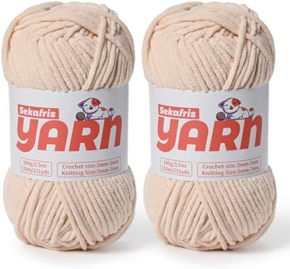 2 Pack Plush Chunky Chenille Yarn for Crocheting, Soft Fluffy Velvet Yarn for Crocheting Amigurumi, Fuzzy Baby Blanket Knitting 200g/262yds Bulky(2 Beige) by Sekafris