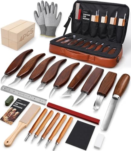 Wood Carving Kit, 30Pcs Wood Carving Tools Set with Leather Storage Bag, Deluxe Whittling Kit, 9 Wood Carving Knives 5 Chisels 4 Blocks (30-Piece Leather Bag Set) by Unknown