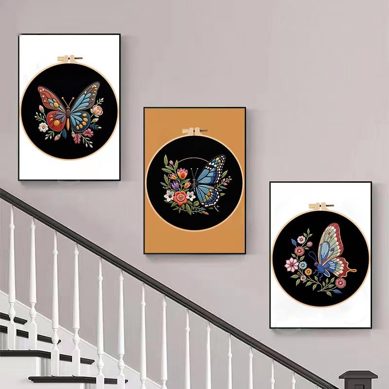 Konrisa Flower Butterfly Embroidery Kits for Adults, Stamped Embroidery Starter Kit with Hoop,DIY Sewing Needlepoint Cross Stitch Kit, Set of 3 - Image 5