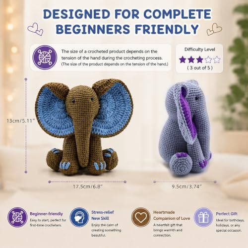 JYZJDKE Crochet Kit for Beginners Adults - DIY Amigurumi Elephant Knitting Starter Kit with Yarn Sets, Crochet Animal Kit Cute Stuffed Animal Craft Birthday Gifts (Grey Purple+Coffee Blue Elephant) - Image 4