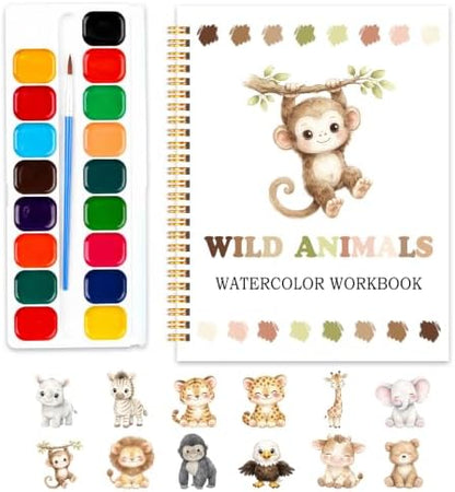 Wild Animals Watercolor Workbook, Water Coloring Book, 12 Patterns, 18 Colors Watercolor Paint Set, Easy Watercolor Kit for Beginners, Fun Family Art Activity, Gift for Adults Teen by SHLINCO