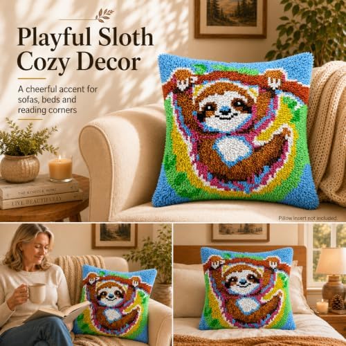 Sloth Latch Hook Pillow Kits for Adults Beginners, Pre-Printed 17" X 17" - Image 2