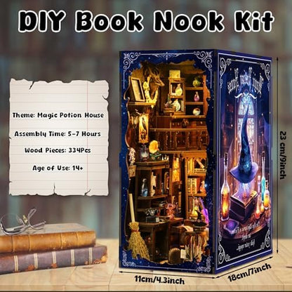 Magic Potion House DIY Book Nook Kit – 3D Wooden Bookend with LED Lights, Miniature Bookshelf Insert Decor, Creative Puzzle for Teens Adults, Magical Apothecary Craft Gift - Image 2