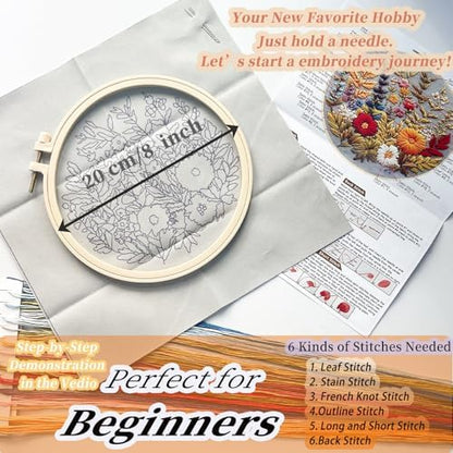 FONNUY Floral Embroidery Kit for Beginners, Colorful Flowers Pre-Stamped Pattern Kits for Adults with Hoop, Thread Needlework, 8'' Hoop (Daisy) - Image 5