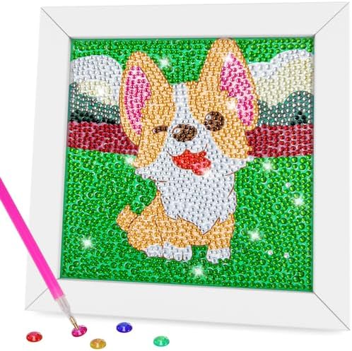 QEUOYSS Diamond Art Kit for Kids with Wooden Frame Art and Crafts for Kids Ages 6-8 -10-12 Easy to DIY Diamond Art for Kid and Adult Beginners Home Wall Decoration (Dog) by QEUOYSS