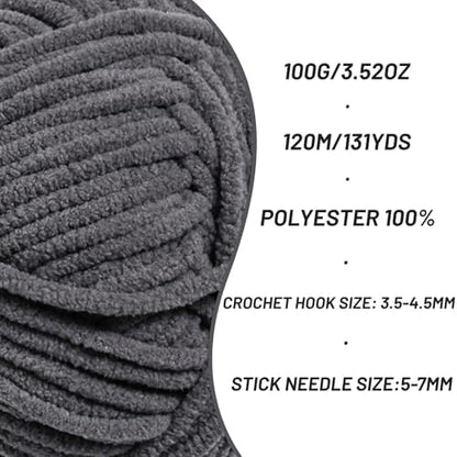 2 Pack Plush Chunky Chenille Yarn for Crocheting, Soft Fluffy Velvet Yarn for Crocheting Amigurumi, Fuzzy Baby Blanket Knitting 200g/262yds Bulky(2 Dark Gray) - Image 2