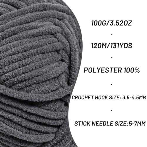4 Pack Plush Chunky Chenille Yarn for Crocheting, Soft Fluffy Velvet Yarn for Crocheting Amigurumi, Fuzzy Baby Blanket Knitting 400g/524yds Bulky(4 Dark Gray) - Image 2